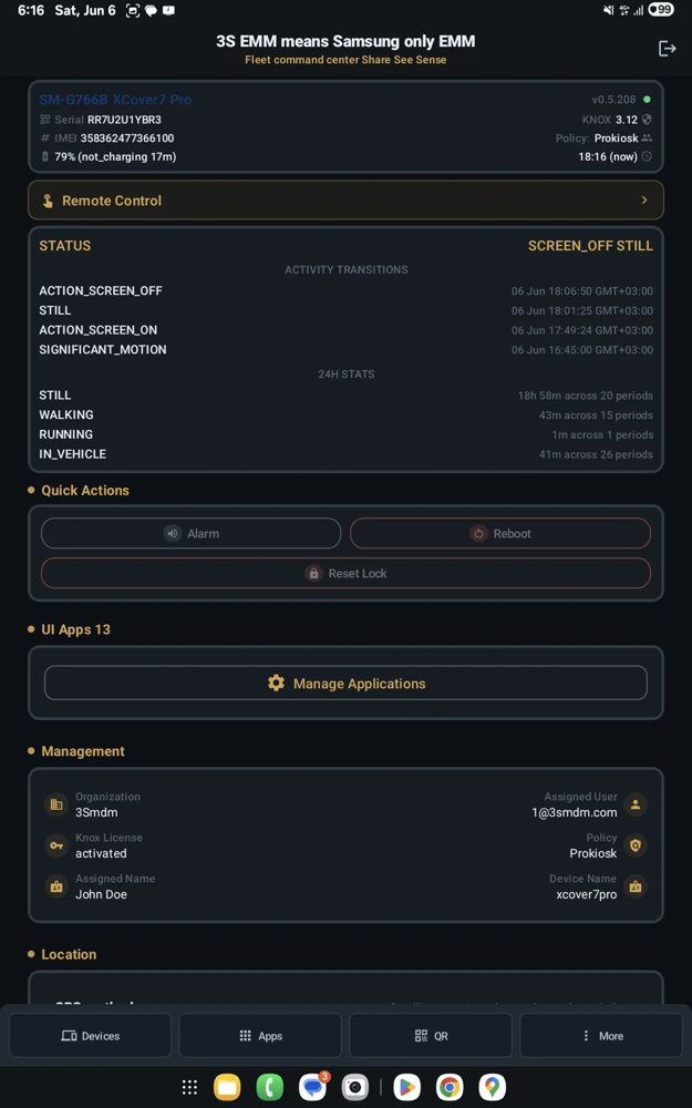 3S EMM Samsung device telemetry screenshot